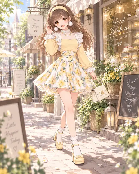 春色カフェのイエローフローラルの着用例