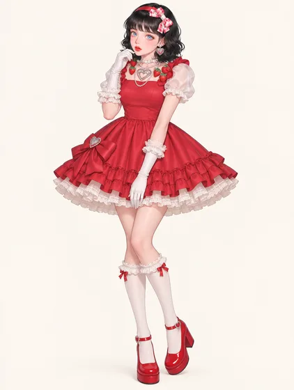 苺ギンガムの赤ドレスの着用例