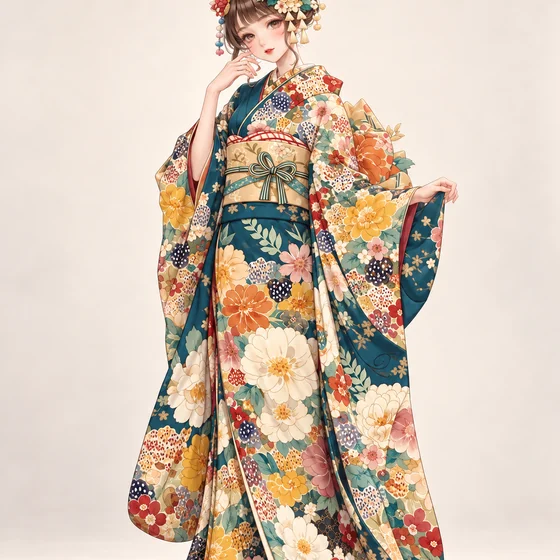 青緑と琥珀の花束振袖の着用例
