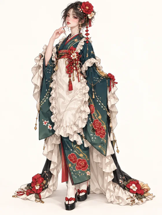青緑薔薇エプロンの着物メイド