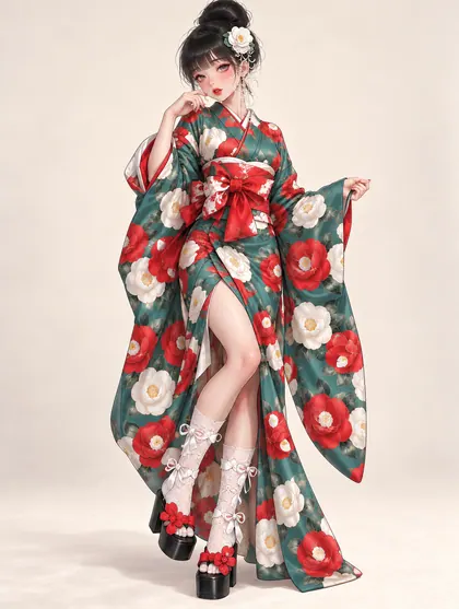 青緑椿の花袖着物の着用例