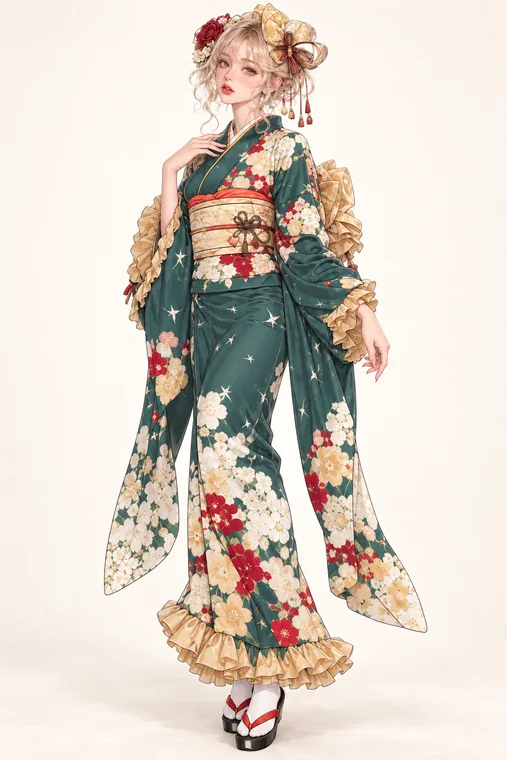 青緑金襞の花着物の着用例
