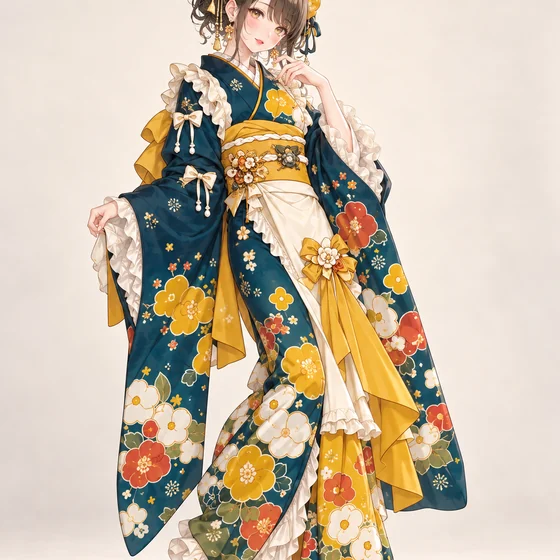 深青緑と山吹花のフリル着物の着用例