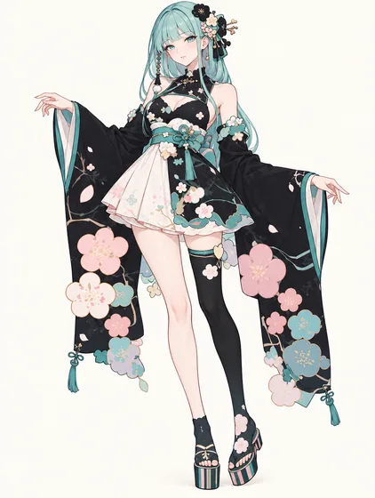 青磁桜の黒ミニキモノの着用例