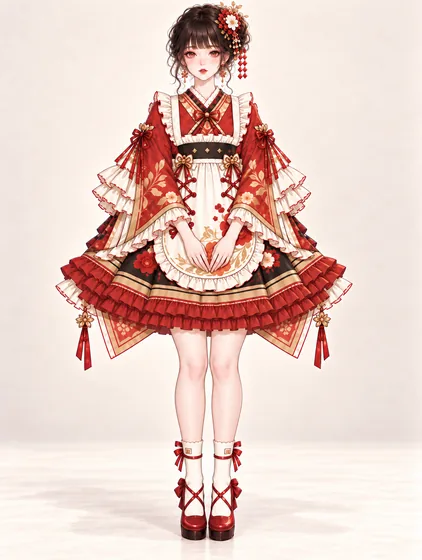 朱薔薇エプロンの着物ロリータの着用例