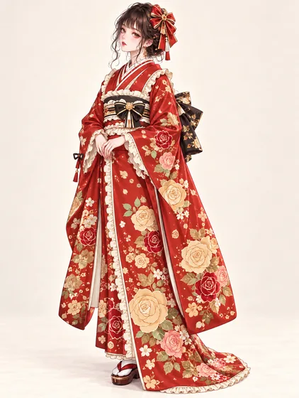 朱金薔薇の振袖の着用例