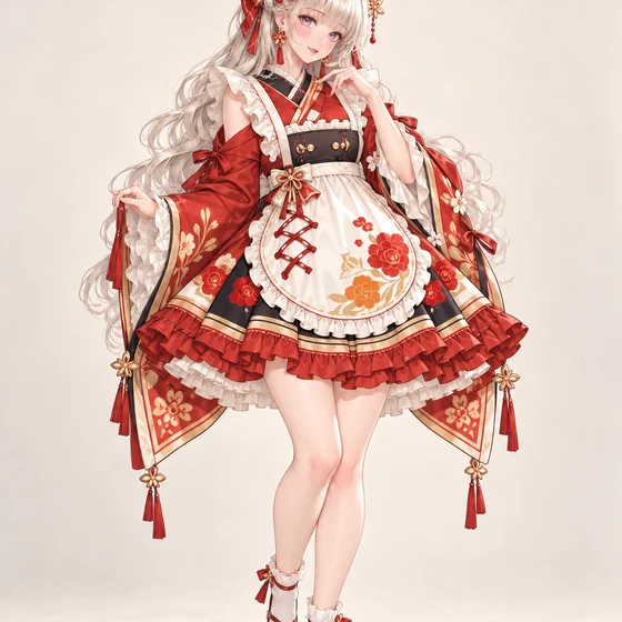 朱花と生成りエプロンのミニ着物の着用例