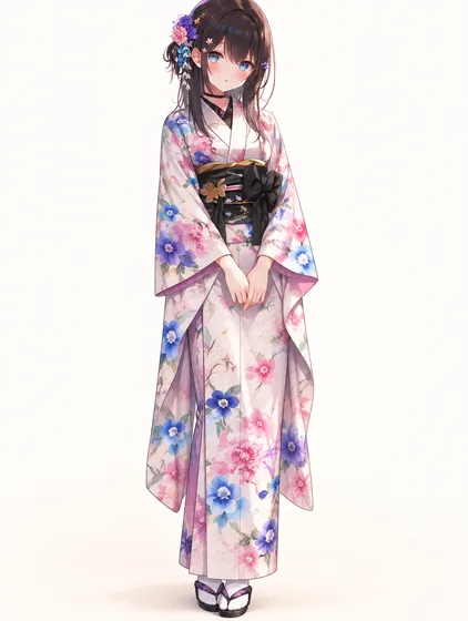水彩花と黒帯の着物の着用例