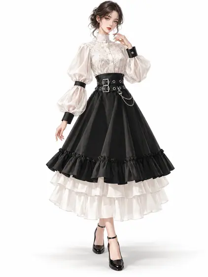 白レースと黒ベルトのゴシックレイヤード
